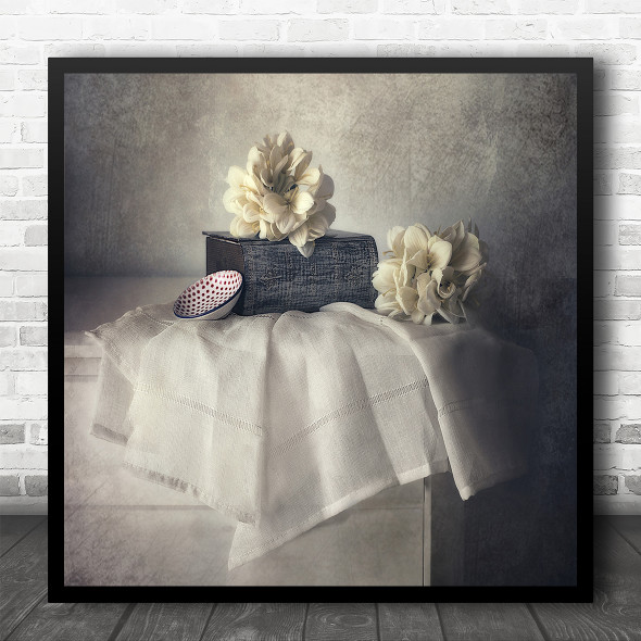 Still Life Pure White Flowers Book Bowl Table Cloth Square Wall Art Print