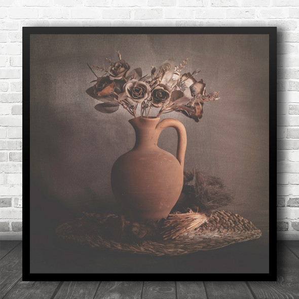 Roses Pottery Vase Background Soft Colours Flowers Square Wall Art Print