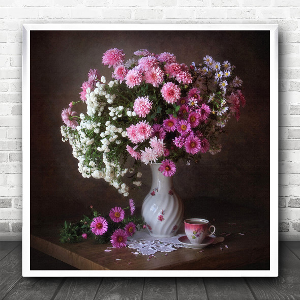 Pink Vase Cup Mug Tea Coffee Flower Bouquet Bloom Square Wall Art Print