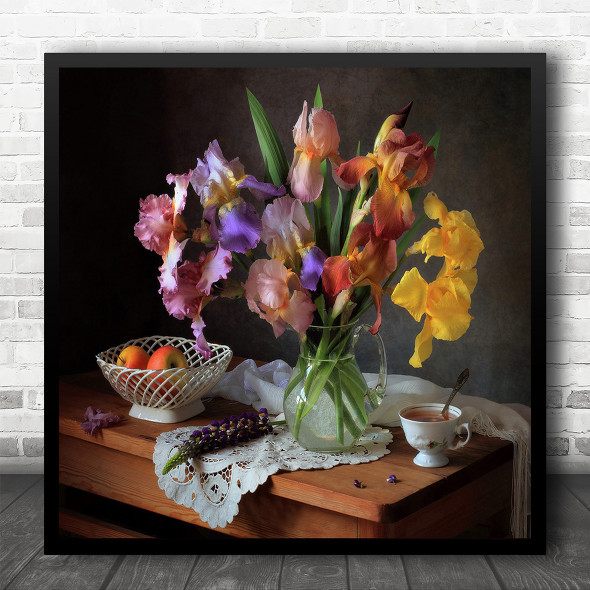 Still Life Flowers Botanical Vintage Retro Lilies Square Wall Art Print