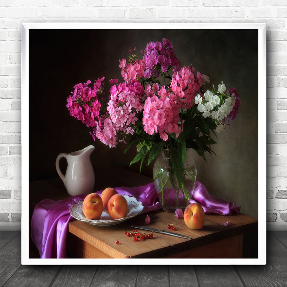 Still Life Bouquet Flower Hydrangea Pink Peaches Square Wall Art Print
