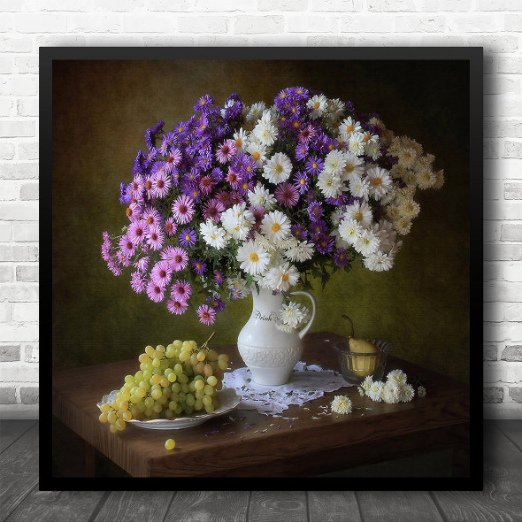 Summer Bouquet Blossom Flower Vase Grapes Fruit Square Wall Art Print