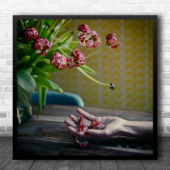 Still Life Hand Bokeh Vase Flowers Petals Love Square Wall Art Print