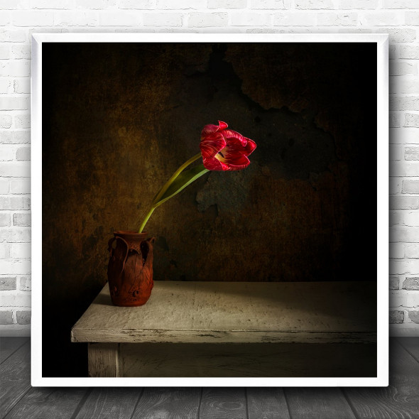 Still Life With Flowers Red Vintage Rusty Vase Square Wall Art Print