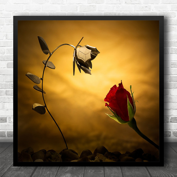 Golden Opposite Roses Metal Withered Red Rose Square Wall Art Print