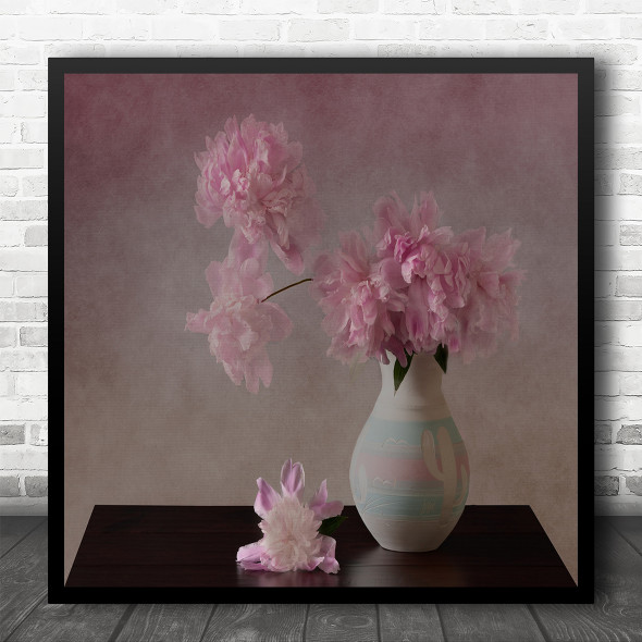 Peonies Pink Vase Still Life Flower Bouquet Square Wall Art Print