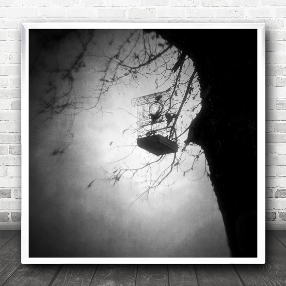 Black And White Cage Tree Birds Gloomy Square Wall Art Print