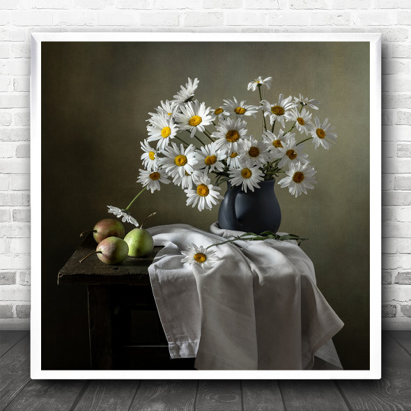 Still Life With Daisies And Pears Square Wall Art Print