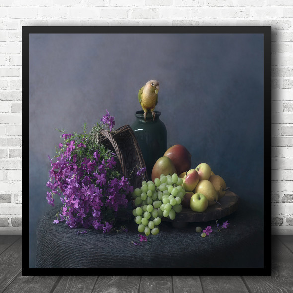 Fruits Flower Parrot Birds Vase Square Wall Art Print