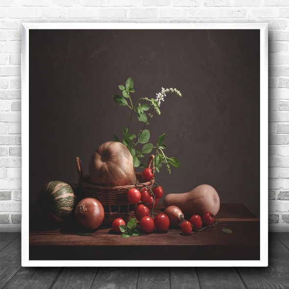 Food Tomatoes Basil Still Life Vegetable Vegetables Tomato Square Wall Art Print