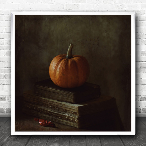 Pumpkin Fruit Vegetable Still Life Books Vintage Painterly Square Wall Art Print