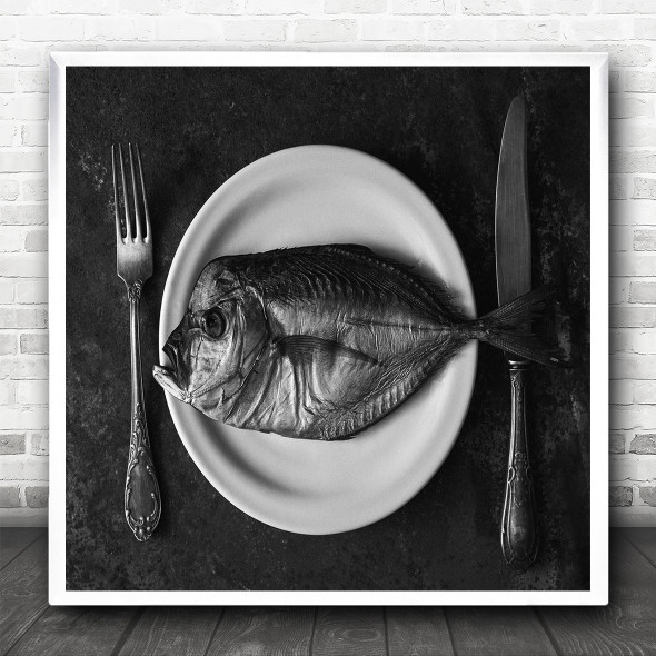 Food Fish Abstract B&W Plate Still Life Knife Fork Dinner Square Wall Art Print