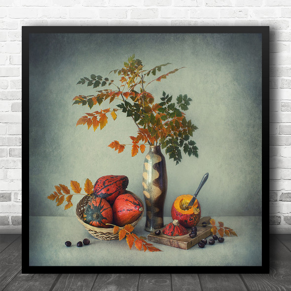 Still Life Knife Kitchen Fruit Fruits Vase Leaf Leaves Autumn Square Art Print