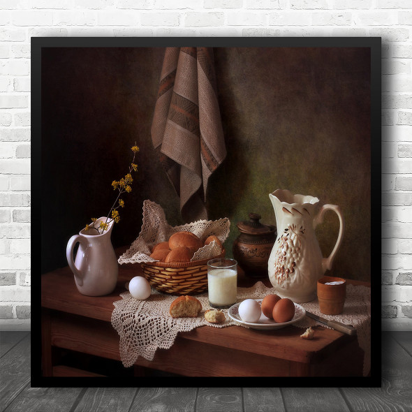 Still Life Breakfast Kitchen Bread Bun Basket Buns Egg Eggs Square Art Print