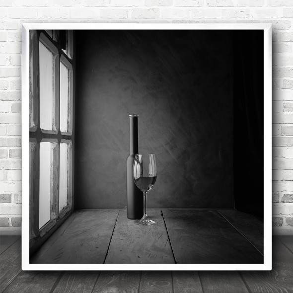 Black And White Still Life Wine Glass And Bottle Square Wall Art Print