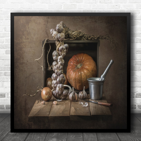 Still Life Garlic On The Table Autumnal Pumpkin Square Wall Art Print