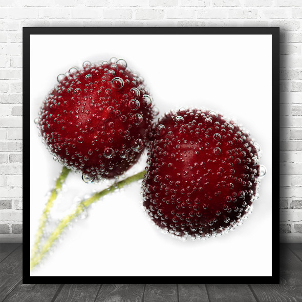 Cherry Red Bubbles Water Droplets Fizzy Berry Square Wall Art Print