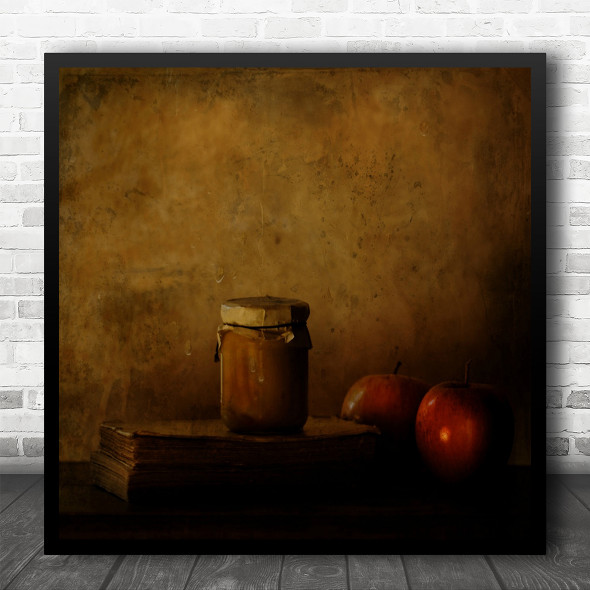 Apple Texture Jar Can Book Fruit Still Life Lid Jam Rustic Square Wall Art Print