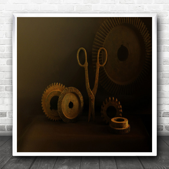 Still Life Rust Engine Cogs Scissors Attic Treasures Square Wall Art Print