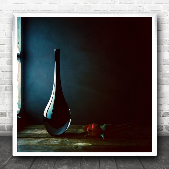 Dark Toned Glass Vase Single Rose In The Window Square Wall Art Print