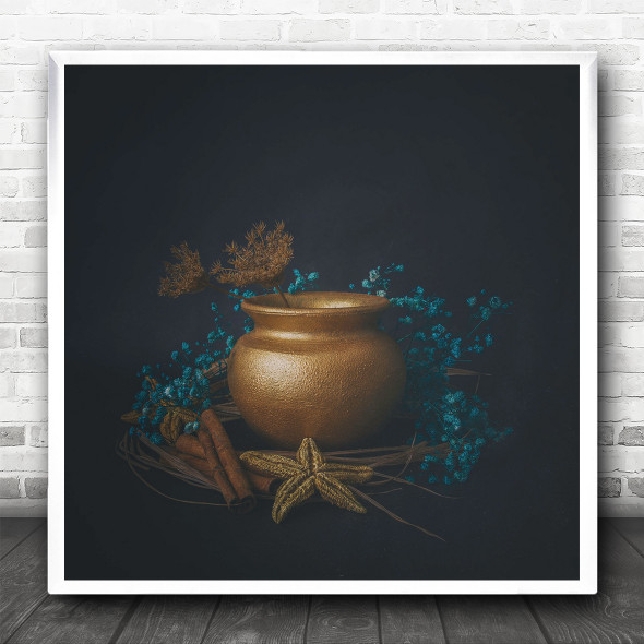 Star Blue Vase Floral Nature Still Life Square Wall Art Print