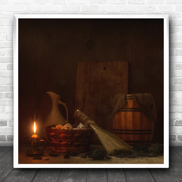 Vintage Still Life Broom Candle Square Wall Art Print