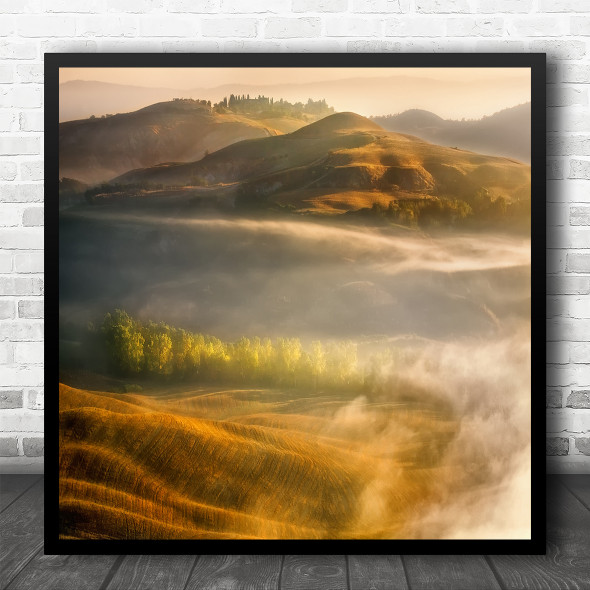 Tuscany Autumn Trees Fields Cypress Italy Landscape Hill Valley Square Art Print