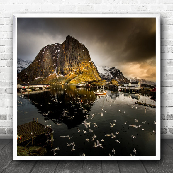 Norway Lofoten Seagull Seagulls Flock Mountain Boat Boats Square Wall Art Print