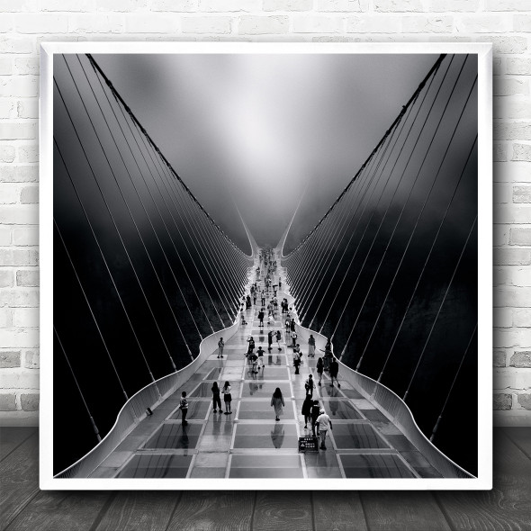 Bridge Cables Modern Creative Edit Clouds Fog Mist Haze Foggy Square Art Print