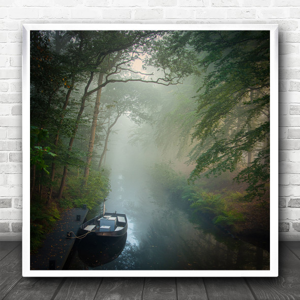 River Canal Water Boat Boats Fog Mist Haze Foggy Trees Forest Square Art Print