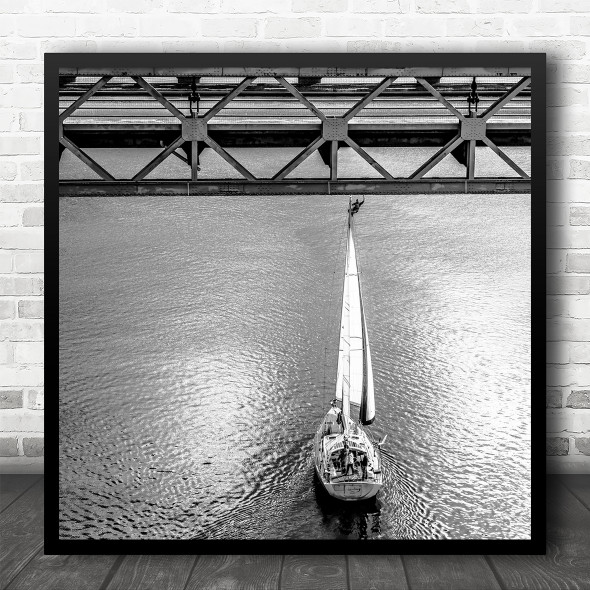 Sail Sailboat Sailing Maritime Water River Bridge Balance B&W Square Art Print