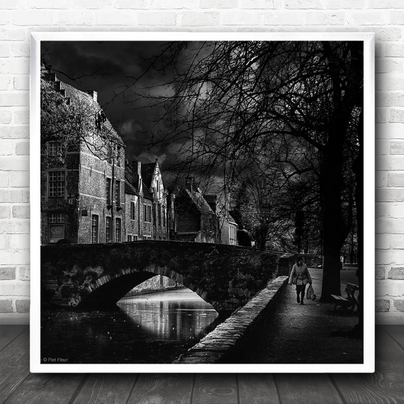 Bruges Street Mood B&W Monochrome Black White Evening City Light Square Print