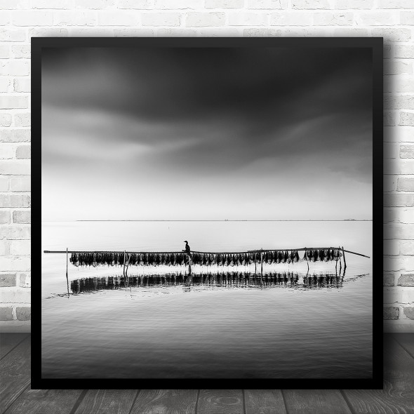 Fine Art Black White Landscape Minimal Seascape Fishing Nets Square Art Print