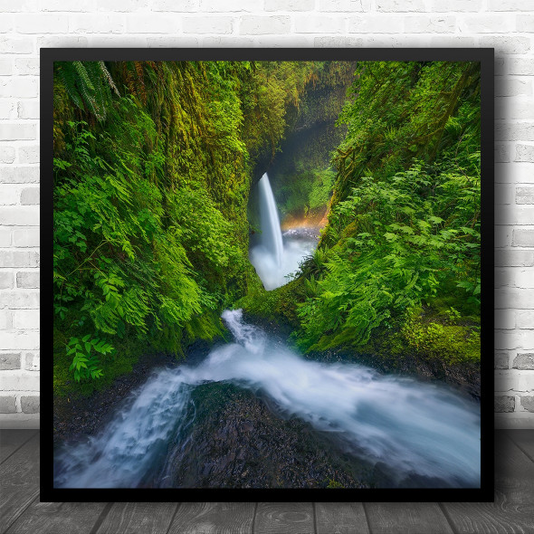 Waterfall Fresh Flow Flowing Green Fern Forest Jungle Canyon Square Art Print