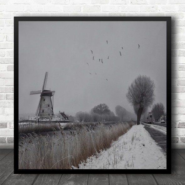 Winter Canal Snow Windmill Belgium Flanders Damme Mill River Square Art Print