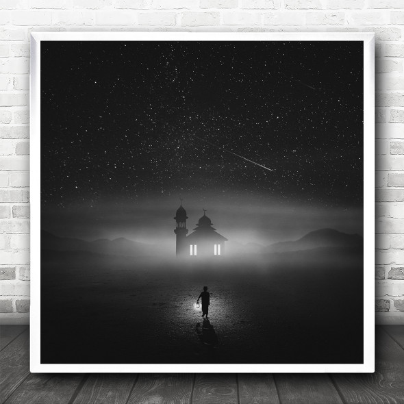 Black And White Night Sky Shooting Star Mist Lighthouse Square Wall Art Print