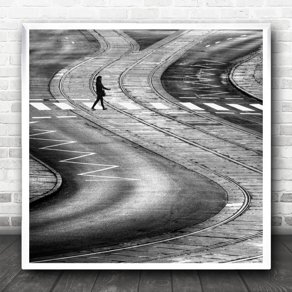 Street Tracks Road Way Path Curve Person Zebra Crossing Square Wall Art Print