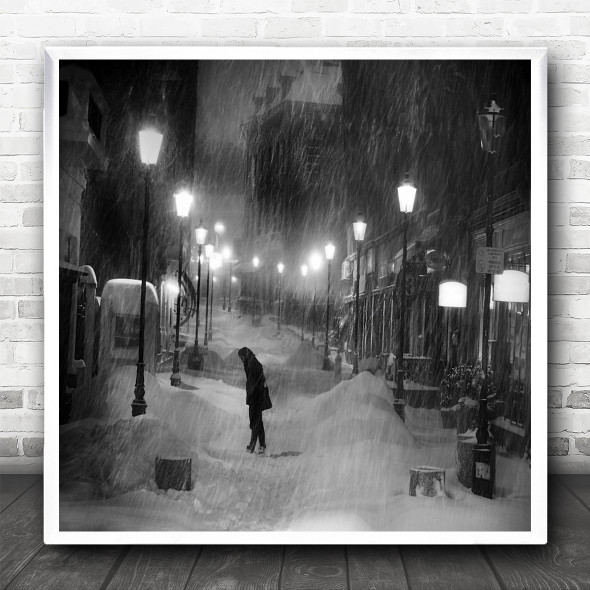 Snow Winter Snowing Cold Lamps B&W Street Road Person Snowy Square Art Print