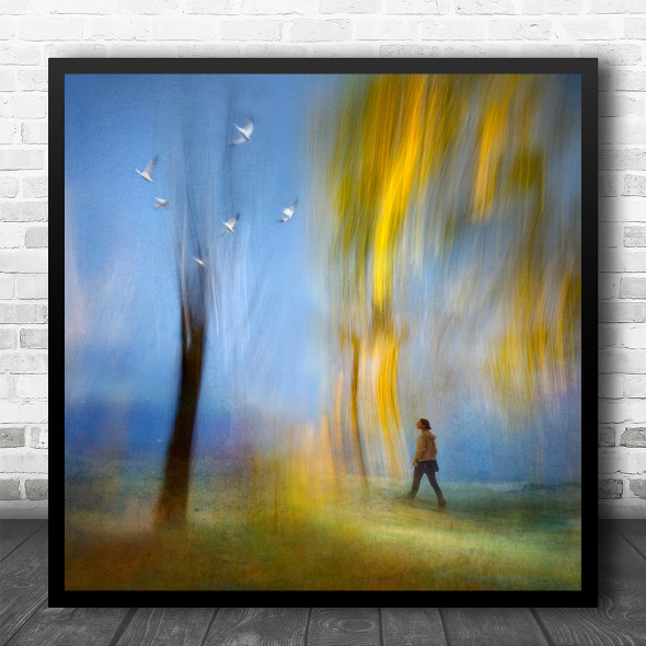 Girl Birds Woods Autumn Season Walk Colourful Abstract Square Wall Art Print