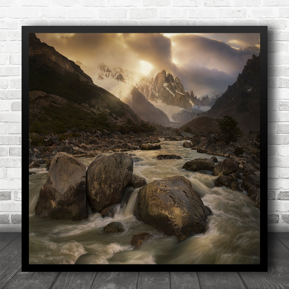 Mountains Light Sunset Stream River Gorge Valley Rocks Square Wall Art Print