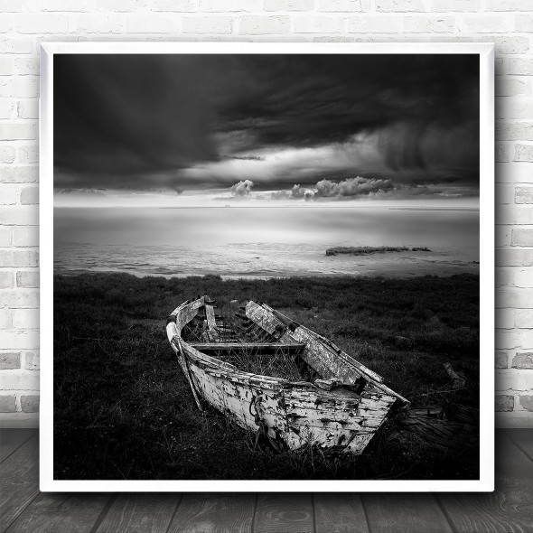 Beach Boat Old Wooden Abandoned Sea Water Sky Clouds Square Wall Art Print