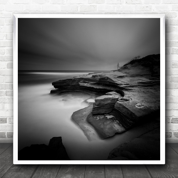 Ocean Coast California Long Exposure Black White Fog Square Wall Art Print