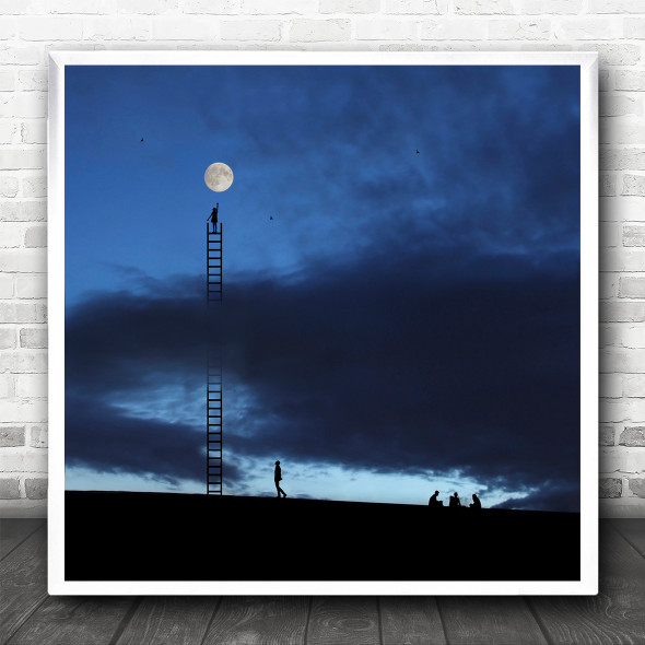 Conceptual Ladder To The Moon Night Sky Silhouettes Square Wall Art Print