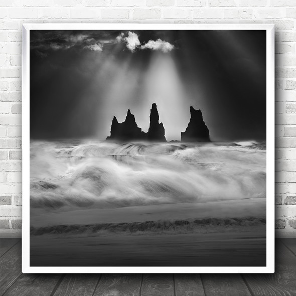 Black And White Angry Sea Sunlight Cliffs Seacoast Square Wall Art Print