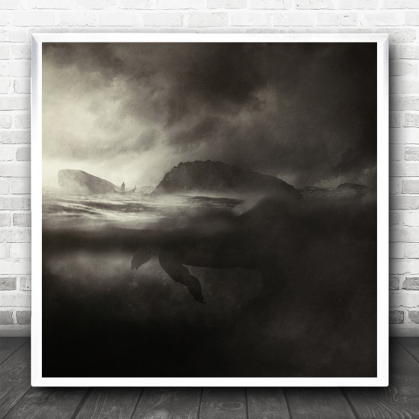 Guardian Of The Island Beast Black White Misty Fog Square Wall Art Print