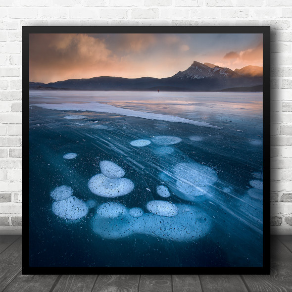 Ice Frozen Winter Cold Mountain Bubbles Lake Water Square Wall Art Print