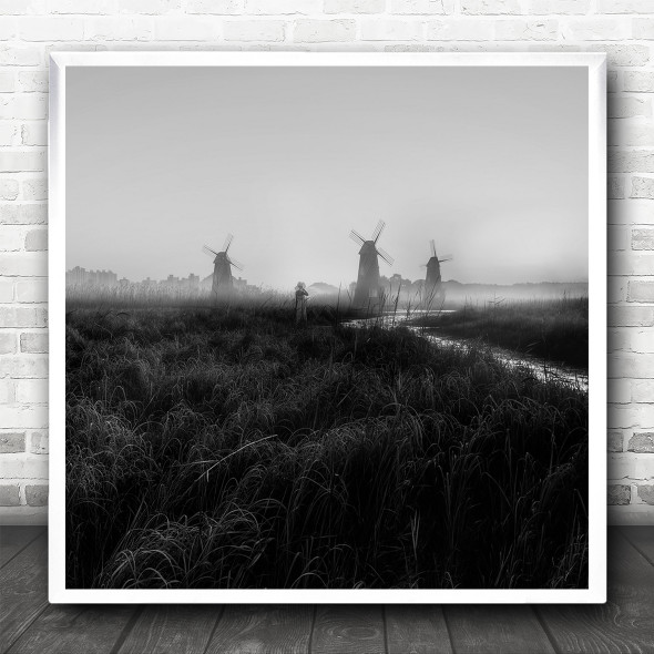 Black And White Windmills Field Foggy Landscape Square Wall Art Print