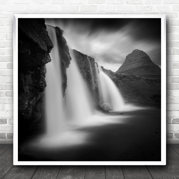 Black And White Landscape Waterfall Mist Water Square Wall Art Print