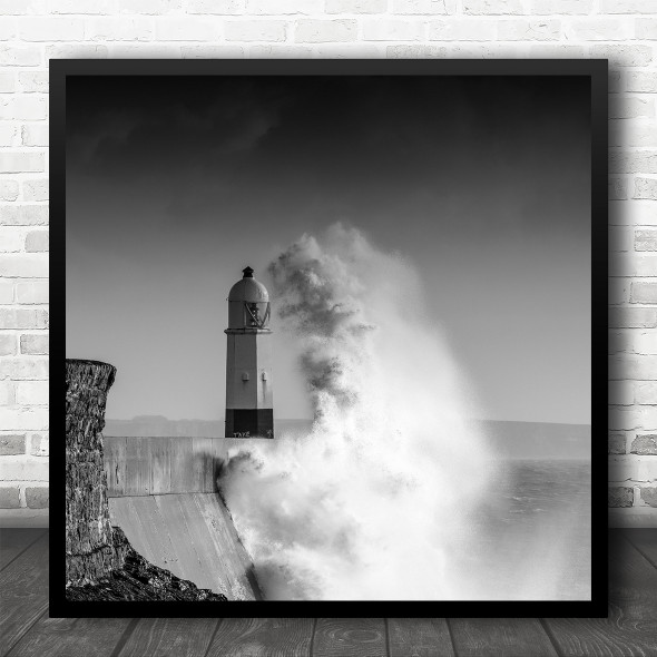 Lighthouse Storm Black And White Crashing Wave Square Wall Art Print