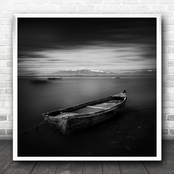 Fine Art Black White Dark Seascape Wreck Boat Square Wall Art Print